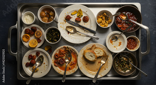 After Party Remains Plates Bowls Utensils Mess on Serving Tray Top View