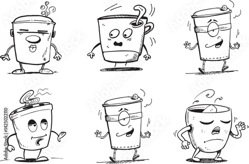 Funny coffee cup cartoon characters with expressive emotions and steaming hot beverages
