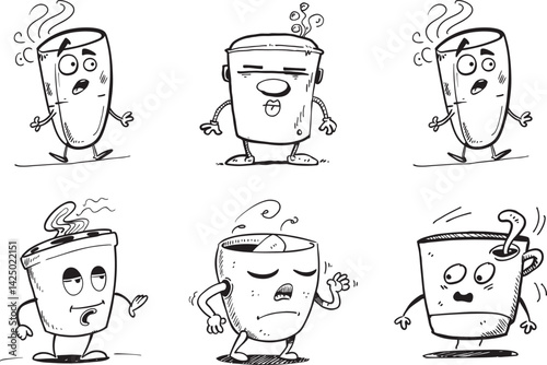 Cartoon coffee characters expressing emotions black and white illustration