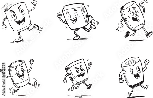 Black and white sketch style characters illustration happy cubes and cans running