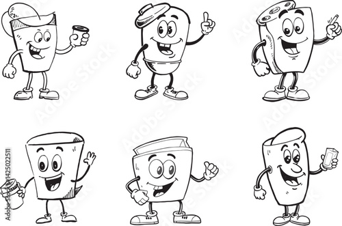 Black and white cartoon drink character collection with various expressions and accessories