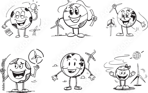 Cartoon earth character collection promoting green energy and environmental awareness