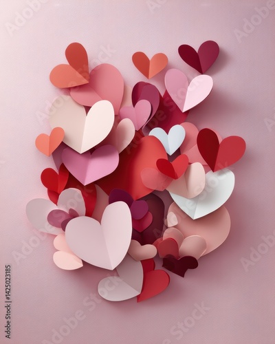 Heartfelt Delight A Cascade of Paper Cut Hearts in Romantic Hues Celebrating Love Valentine's Day and Affectionate Bonds