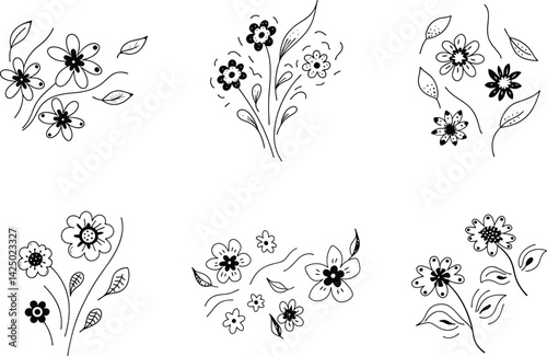 Floral doodle collection featuring various flower arrangements black and white outline