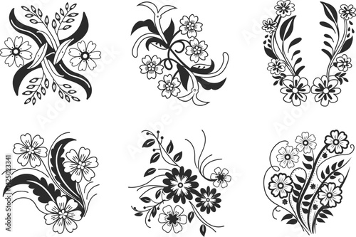 Floral vector set of decorative flower arrangements black and white outlines