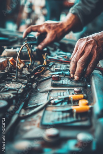 Mechanic Hands Repairing a Car Engine with Precision Focus and Atmospheric Workshop Background