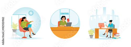 Woman works at computer desk.  Airport customs safety check documents. Office worker concept.