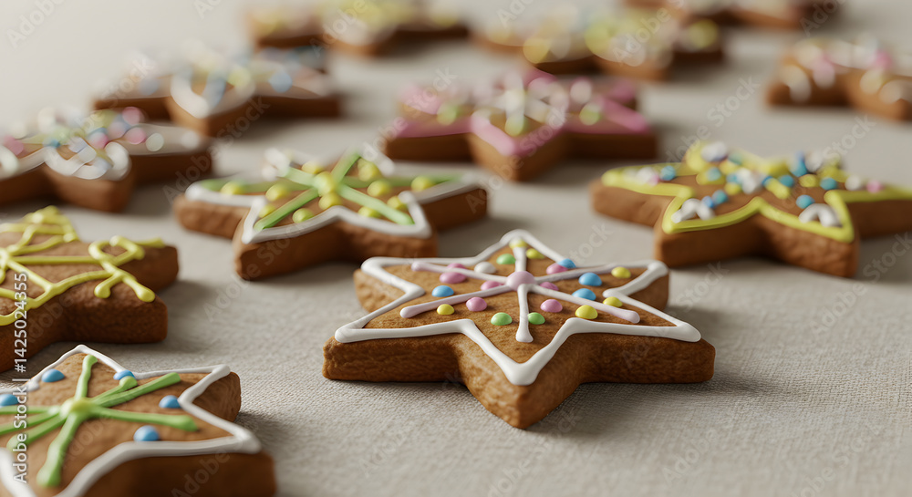 Festive Star Shaped Gingerbread Cookies Decorated with Icing and Sprinkles Festive Star Shaped Gingerbread Cookies Decorated with Icing and Sprinkles