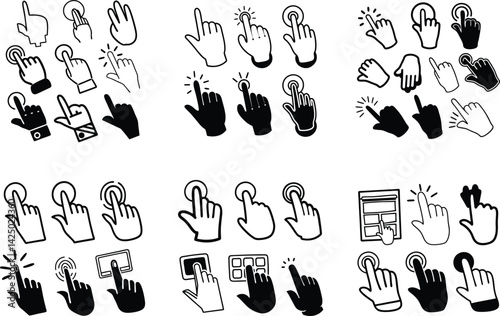 Hand cursor collection touching or clicking different screen gestures in outline style