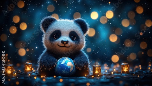 A panda bear is holding a small globe in its paws