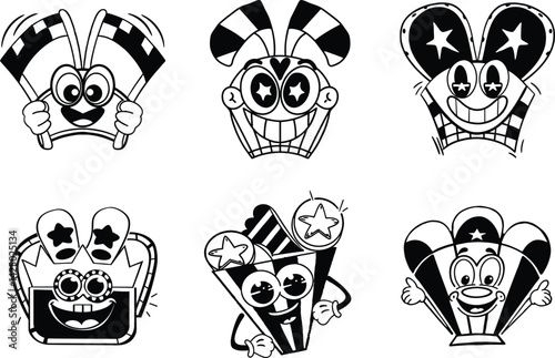 Retro cartoon character designs black and white mascot emblems collection
