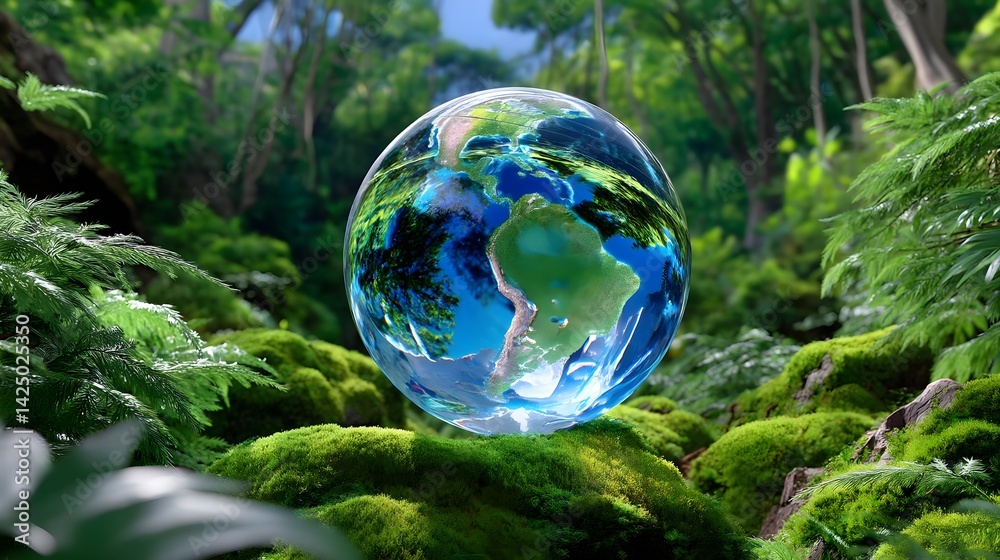 Earth Globe in Lush Rainforest - Environmental awareness Earth Globe in Lush Rainforest - Environmental awareness