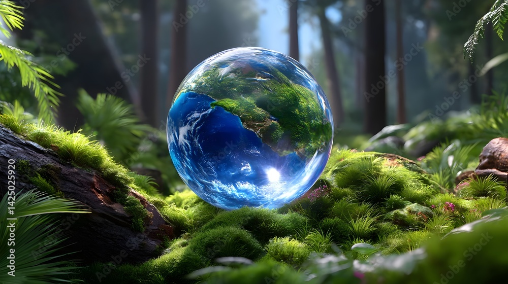 Earth Globe in Lush Forest Ecosystem - Environmental awareness Earth Globe in Lush Forest Ecosystem - Environmental awareness