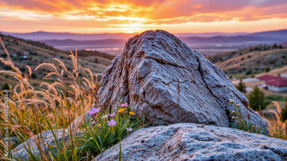 Fototapeta premium rugged rock surrounded by vibrant wildflowers in serene landscape at sunset, capturing beauty of nature and warm glow of evening sky