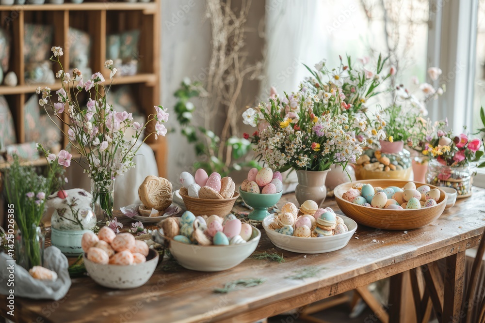 A wooden table in a cozy room is decorated with a mix of homemade Easter treats and small floral arrangements. There are bowls of candy and decorated eggs scattered across the table. A wooden table in a cozy room is decorated with a mix of homemade Easter treats and small floral arrangements. There are bowls of candy and decorated eggs scattered across the table.