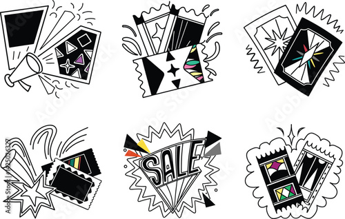 Black and white retro comic book vector design with tickets and sale sign