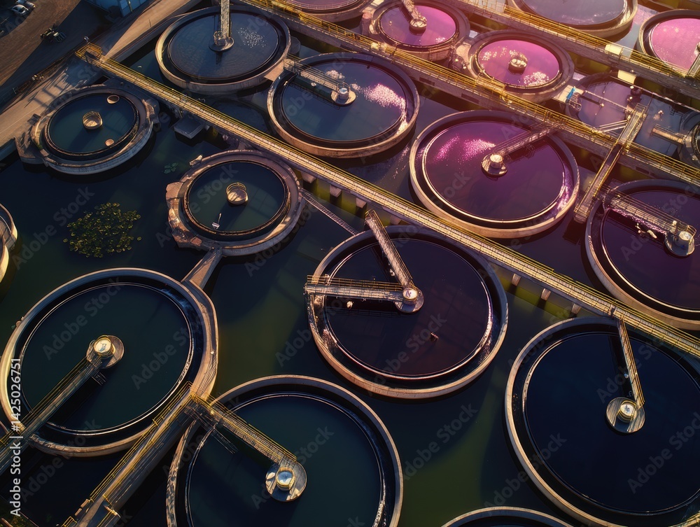 Obraz premium Aerial Serenity of Circular Water Treatment Plant Tanks with Structural Bridges at Dusk from Above
