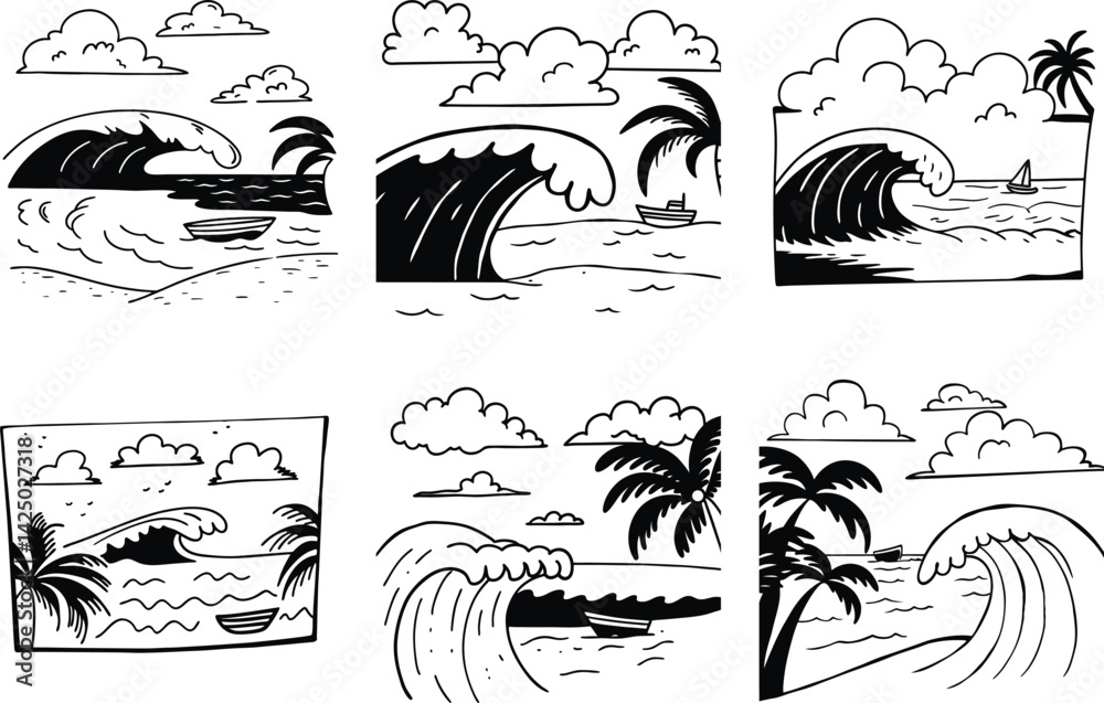custom made wallpaper toronto digitalTropical beach scene with palm trees waves and boats line art collection