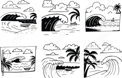 Wallpaper Mural Tropical beach scene with palm trees waves and boats line art collection Torontodigital.ca