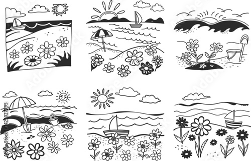 Wallpaper Mural Hand drawn summer vacation beach scenes with flowers and boats vector illustration Torontodigital.ca