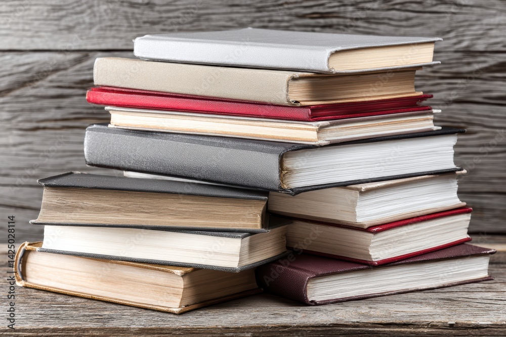Captivating stack of diverse books on weathered wood surface evoking knowledge and education concept for design Captivating stack of diverse books on weathered wood surface evoking knowledge and education concept for design