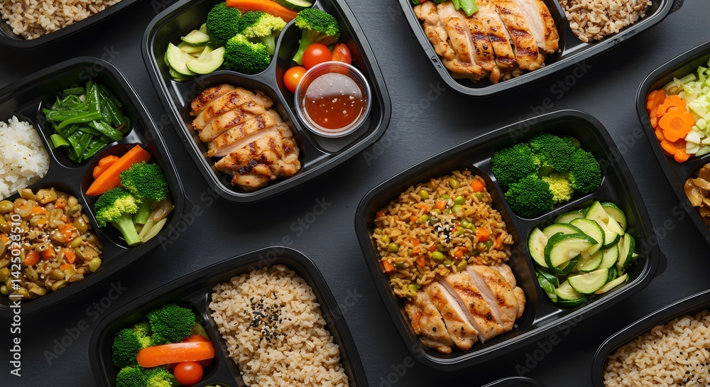 Assorted meal prep containers filled with grilled chicken, rice, and vegetables on dark surface Assorted meal prep containers filled with grilled chicken, rice, and vegetables on dark surface
