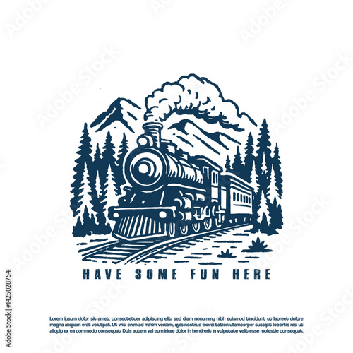 Retro old steam locomotive crossing the forest vector illustration