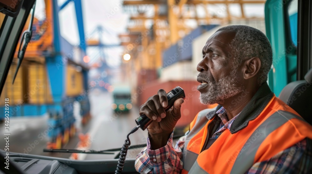 A shipping company dispatcher communicating with drivers via a two-way radio. A shipping company dispatcher communicating with drivers via a two-way radio.