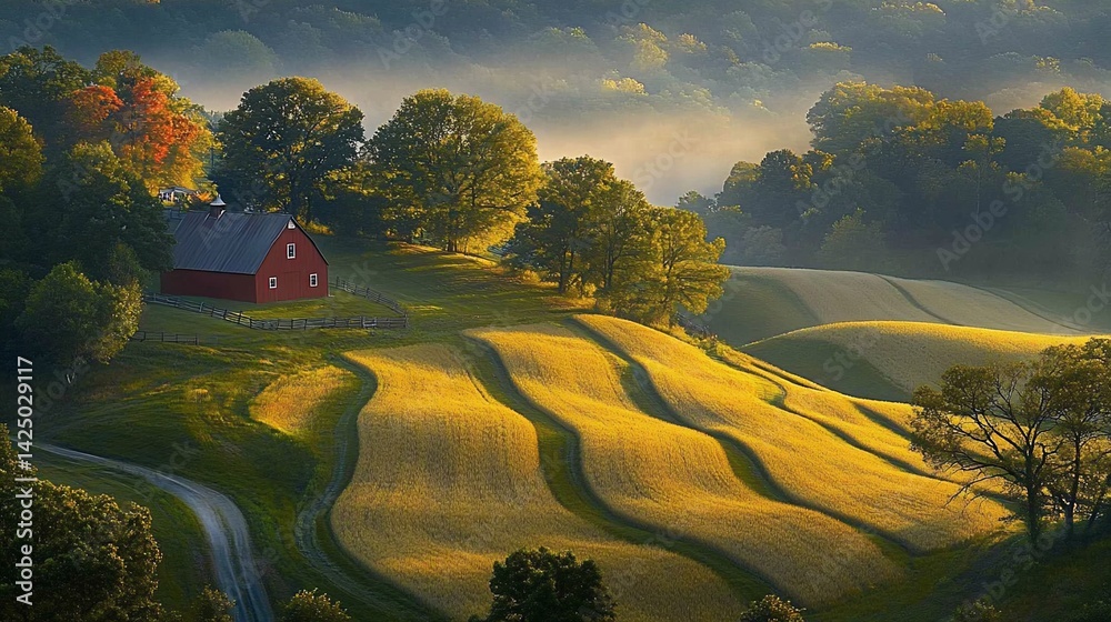Fototapeta premium Farmhouse sits on a golden field, rural scene with trees and distant hills