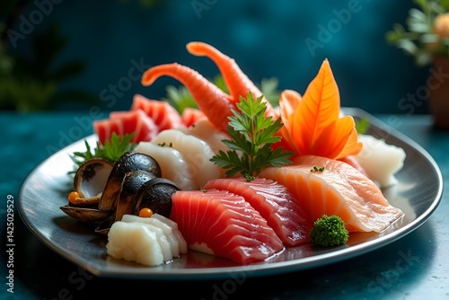 Sashimi seafood assortment on large triangle plate