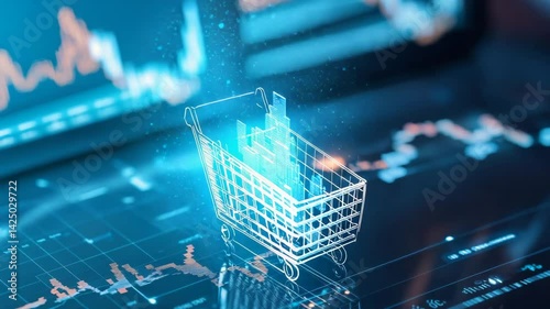 A digital representation of a shopping cart filled with data charts illustrates the intersection of commerce and technology in the evolving online shopping environment.
