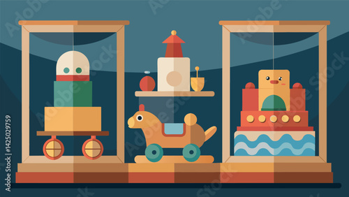 A collection of handcrafted wooden toys preserved in glass display cases offered a glimpse into simpler times for children.. Vector illustration