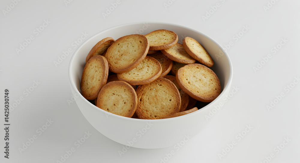 Crispy Bruschetta Toasts Stacked Inside A White Bowl On Neutral Surface Crispy Bruschetta Toasts Stacked Inside A White Bowl On Neutral Surface