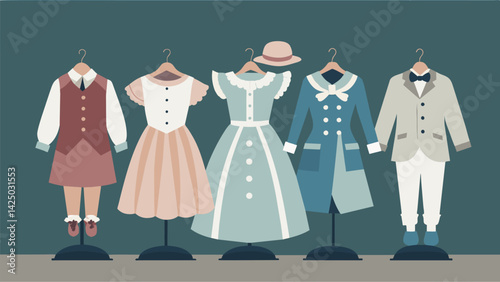 A display of Victorian childrens clothing including lacetrimmed dresses and sailor suits sourced from local thrift stores.. Vector illustration