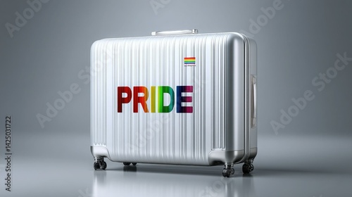 A stylish silver suitcase featuring a colorful 