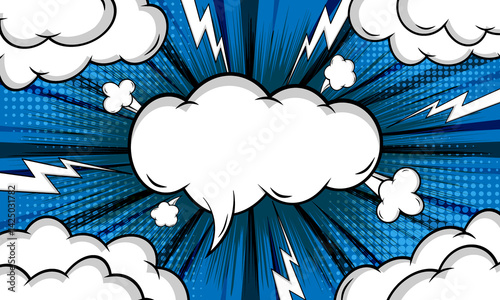 Pop art comic blue halftone background with cloud and thunder flash. Cartoon Illustration