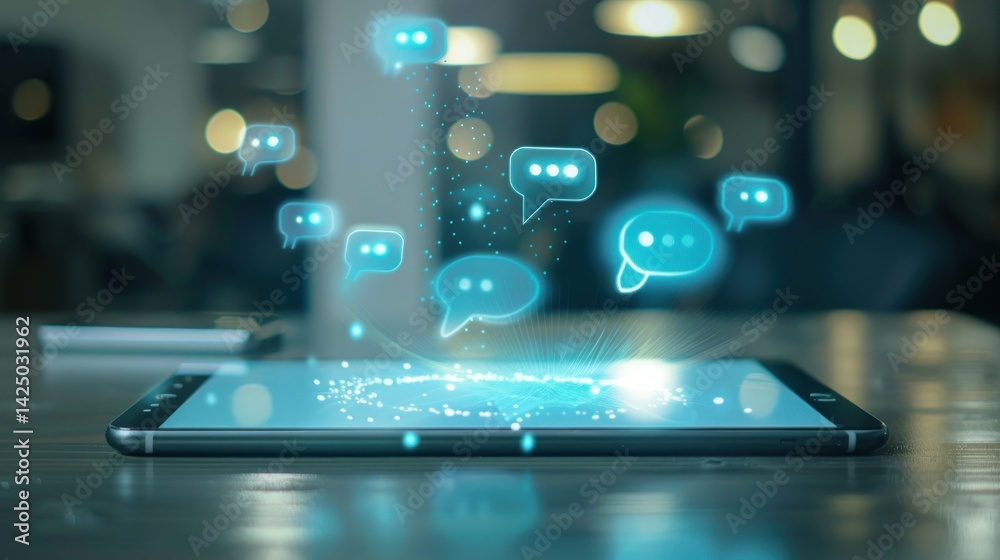 Tablet screen showing chat speech bubble holograms hovering above it, with a smartphone in the background, suggesting the ubiquity of messaging across devices. Tablet screen showing chat speech bubble holograms hovering above it, with a smartphone in the background, suggesting the ubiquity of messaging across devices.