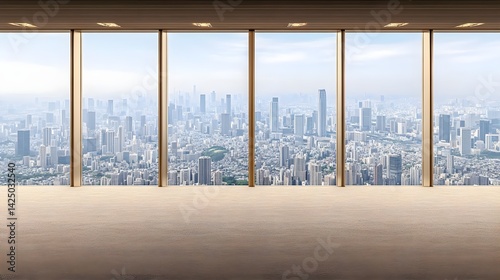 Highly Realistic Empty Interior with Cityscape View Through Windows