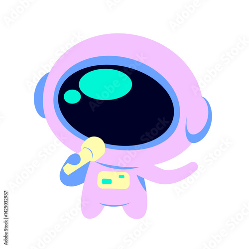 Adorable purple astronaut holding a microphone like a performer. Great for music-themed content, space karaoke ideas, talent shows, or fun cartoon characters for kids.