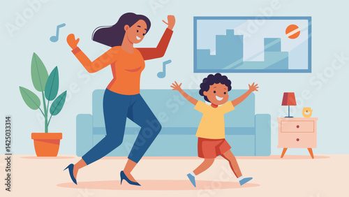 A mother and her child dance in the living room letting loose and laughing as they move their bodies to their favorite songs. Their gentle workout not.