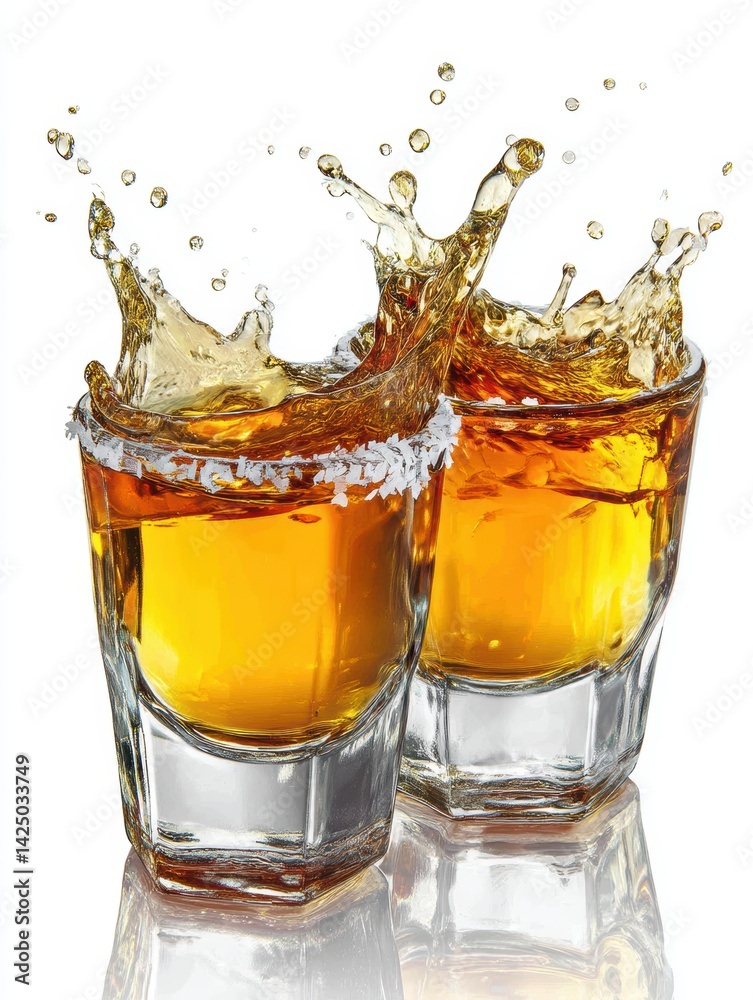 Two Salted Rim Tequila Shot Glasses with Splash on Glossy White Surface for Celebration Concept Two Salted Rim Tequila Shot Glasses with Splash on Glossy White Surface for Celebration Concept