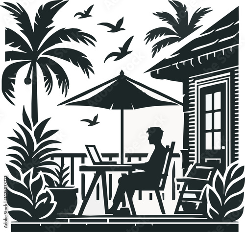 Paradise Freelancer: An individual is deeply immersed in their work, utilizing a laptop under the sheltering shade of an umbrella on a tropical patio, the serene ambiance accentuated by a palm tree.
