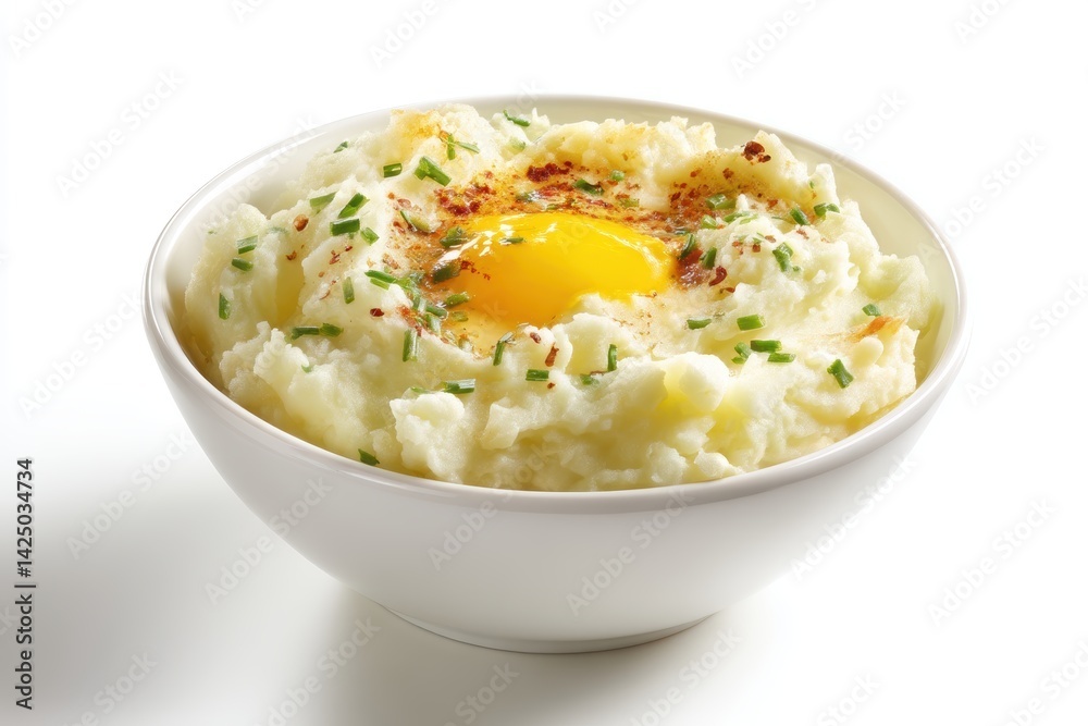 Rustic mashed potato delight creamy texture topping with vibrant yolk and chives served in bright bowl against white space Rustic mashed potato delight creamy texture topping with vibrant yolk and chives served in bright bowl against white space