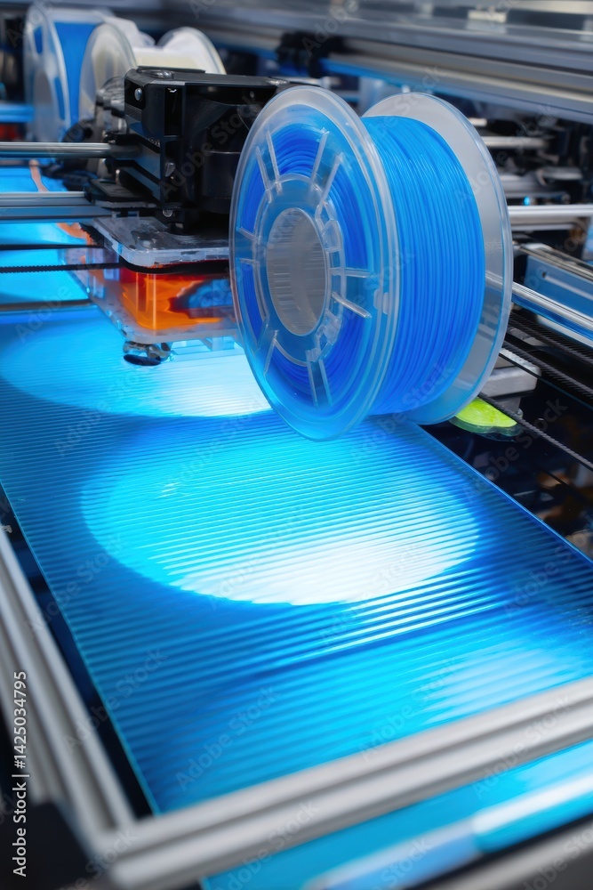 Fototapeta premium Bright Blue Filament Spool on a Modern 3D Printer Bed in an Industrial Setting Close Up Perspective
