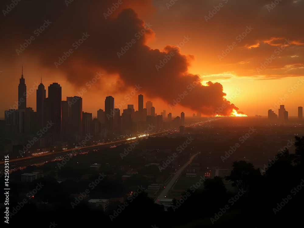 Fototapeta premium A captivating cityscape panorama at twilight, featuring imposing skyscrapers set against a fiery, cloud-filled sky, creating a compelling urban landscape with a touch of drama