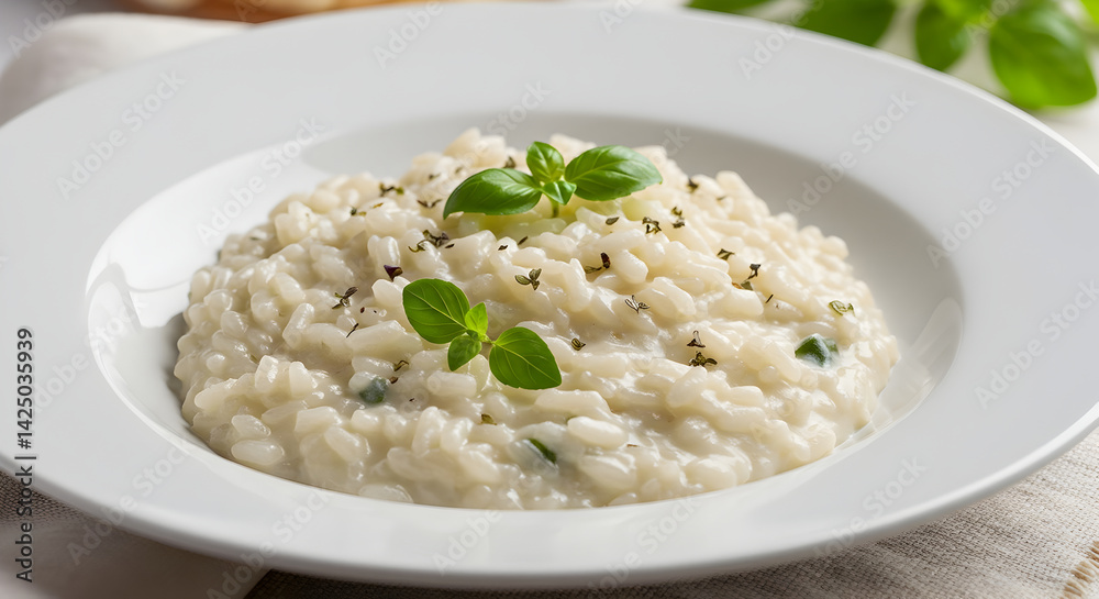 Creamy Risotto Delights Featuring Fresh Basil in a White Dish Creamy Risotto Delights Featuring Fresh Basil in a White Dish