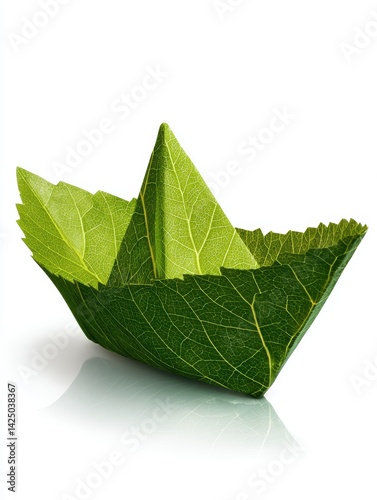 Creative leaf paper boat in detailed macro shot on white background nature travel eco concept