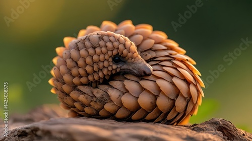 A creature curled into a protective ball showcasing textured scales set against a blurred natural backdrop in warm sunlight