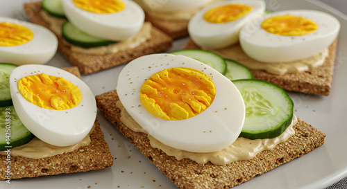 Egg And Cucumber Slices On Crispbread Healthy Appetizer Close Up