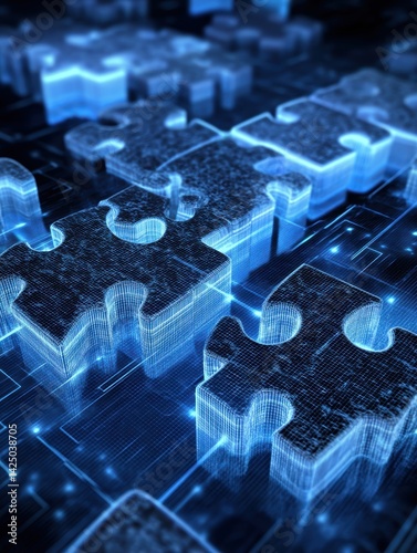 Futuristic puzzle composition illuminating connection strategy and artificial intelligence concept